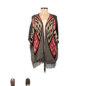 One Size Boho Pink, Cream & Dark Gray Sleeveless Fringe Cardigan